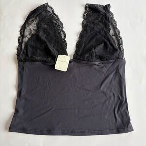 Free People Intimately Power Play Cami Lace Ribbed Tank Black Large VNeck NEW